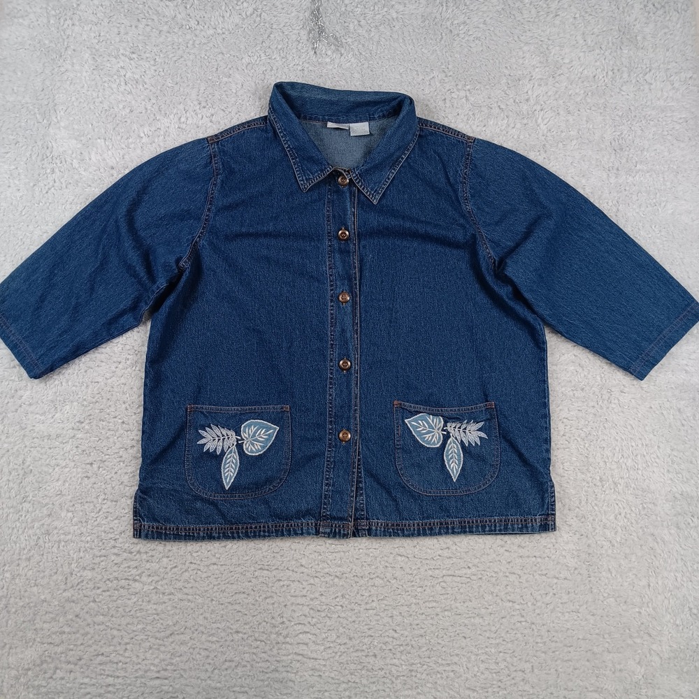 Blair Denim Button Down Shirt Womens XLG Blue Embroidered Leaf 3/4 Sleeve Cotton
